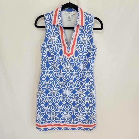 Vineyard Vines Dresses & Skirts - Vineyard Vines Sleeveless Tunic Shift Dress Collar Coral Blue Print Golf Size 4.